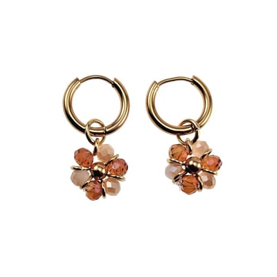 ∅14mm x 2mm Oorringen Dames - Verguld RVS - Oorbellen met Beige-Bruine Gefacetteerde Kristallen Bloem Hanger - Bungelende