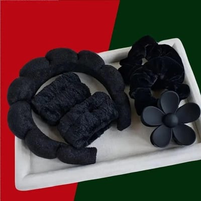 6 stuks/set SPA-haarbandset voor dames, hoofdband, haarband, klauwclip, fluwelen haarkoord, polsband voor het wassen van het gezicht, huidverzorging, make-up, slijtage Size fits all zwart