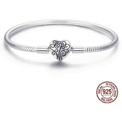 925 Sterling Zilveren Armband – Tonvormige Kliksluiting , Zirkonia , Bangle Armband , Kettingarmband , Bedel , Maten 17 –21 17cm white