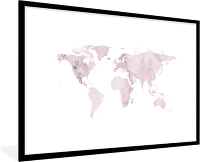 Poster in lijst - Fotolijst 90x60 cm - Posters - Wereldkaart - Marmer - Roze - Posterlijst zwart - Decoratie - Wanddecoratie woonkamer - Muurdecoratie slaapkamer