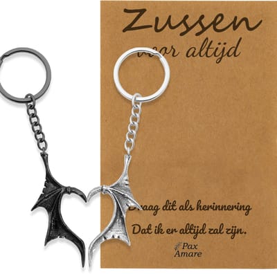 BFF Sleutelhanger voor 2 'Zussen voor altijd' - Vleugels Hart - Sleutelhanger set op Cadeau Kaartje Sleutelhanger set - Zilverkleurig & Zwart - Vriendschap Symbool - Pax Amare