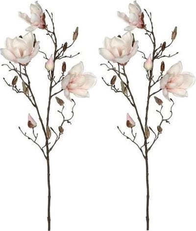 Mica Decorations Kunstbloemen Magnolia takken - 2x - 90 cm - creme wit/roze - Kunst zijde - Boeket - stelen - siertakken