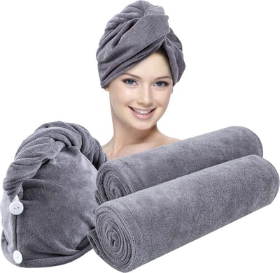 Beyeza Haarhanddoek - Microvezel Handdoek voor Haar – Haar Badhandoeken - Haar Handdoek – Sneldrogende Microvezeldoekjes - Grijs – 2 Stuks
