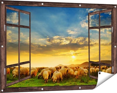 Gards Tuinposter Doorkijk Kudde Schapen op het Gras bij Zonsondergang - 120x80 cm - Tuindoek - Tuindecoratie - Wanddecoratie buiten - Tuinschilderij