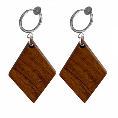 Klem oorbellen- hout- bruin- zilverkleur- ruit-geen gaatje-Charme Bijoux