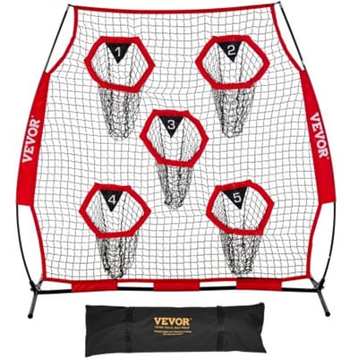 VEVOR Football Coach Throwing Net Practice Net (208 x 91 x 189 cm) met 5 doelvakken, draagbare opbergtas, banden en knooploos net, voor quarterback-passtraining, rood