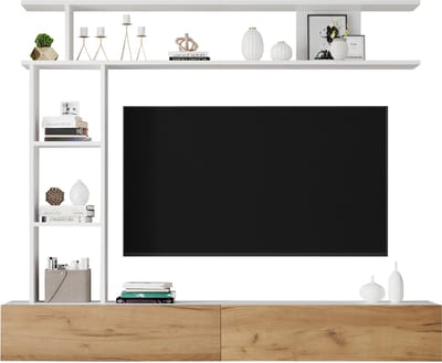 MODFU TV-meubel 180x35x22,5 cm spaanplaat, wit en eiken, hangend of staand, open vakken en klapdeuren