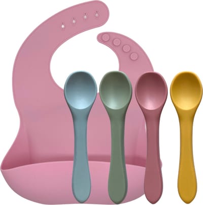 green-goose® Babylepels (4 Stuks) met Slabbetje | Roze | Duurzaam Siliconen | Verstelbaar Slabbetje | BPA Vrij