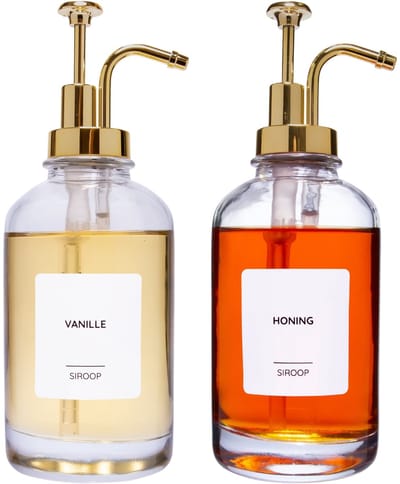 XIVADA Siroopfles - Met pompje goud - Glas - 500 ML - Set van 2 - Met witte labels