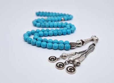 Handgemaakte tesbih "Tasbih" natuursteen "Turkoois" - Aantal kralen 99 - Diameter kralen 8MM - met metaal tassel "Vlag van Turkije" - Een mooi cadeau-idee