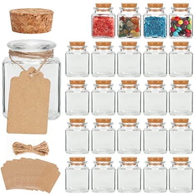 SnelShoppen - 24 Mini Glazen Potjes 50 ml met Kurkstoppen - Doorzichtige Vierkante Flessen voor Doe-Het-Zelf Kunsthandwerk, Decoratie, Bruiloftscadeau
