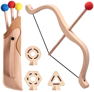 Speelgoedset met pijl en boog voor kinderen — Houten boogschietset. Inclusief 3 pijlen, 3 doelen en een pijlkoker. Geschikt voor zowel links- als rechtshandig gebruik.
