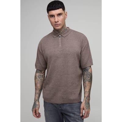 Tall Oversized Boxy 1/4 Zip Cotton Blend Knitted Polo T-Shirt | Brown | Size Small