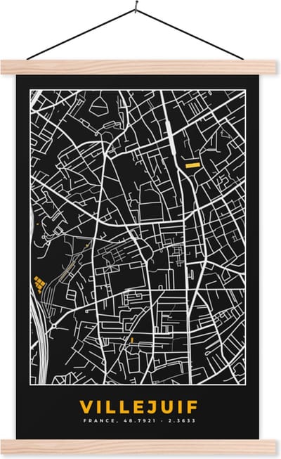 Posterhanger incl. Poster 40x60 cm - Schoolplaat - Villejuif – Plattegrond – Frankrijk – Kaart – Stadskaart - Textielposter - Blanke latten - Stadskaart