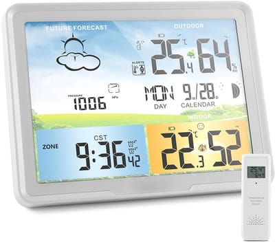SnelShoppen - Draadloos Weerstation met Buitensensor, Digitaal Kleurendisplay, DCF-Radioklok, Thermometer, Hygrometer, Weersvoorspelling, Barometer vo