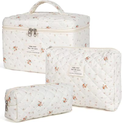 Set van 3 Make-up Tasjes Gewatteerd Bloemen Katoen – Grote Capaciteit Esthetische Cosmetische Tas & Toilettas voor Vrouwen – Reistas Organizer met Ritssluiting -Kleine witte bloem, 3-delige set [groot + middel + klein]