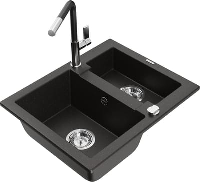 Mexen Carlos granieten spoelbak met 1,5 koen en keukenmengkraan Flora, zwart/goud metallic - 6518-75-670401-07