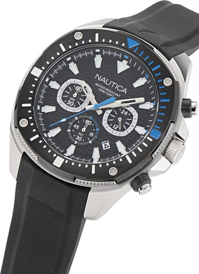 Nautica Nct Bluesail Quartz Analoog Horloge Zwart Material 100% Roestvrij Staal & 100% Siliconaarmband 46 mm NAPBSF501, NAPBSF502, NAPBSF503