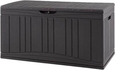 KOMFOTTEU Opbergdoos voor de tuin, inhoud 300 l, buitenkist van hars met deksel en slotgat, waterdichte container voor terras, 114 x 55 x 61 cm (bruin)