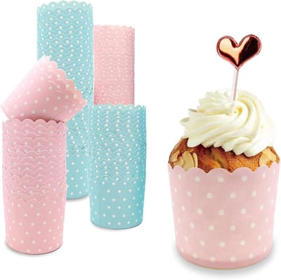 Dailygoods - Muffin papieren vormpjes, 100 stuks roze en blauw cupcake wikkels, cupcake bakbeker, muffin papieren vormpjes, voor Halloween, verjaardagen, bruiloften, feesten (stipjespatroon)