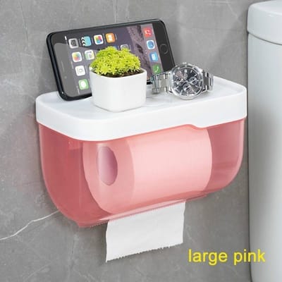 Porte-serviettes en papier toilette mural, salle de bain, porte-papier hygiénique en plastique avec étagère de rangement, boîte de rangement en papier L rose