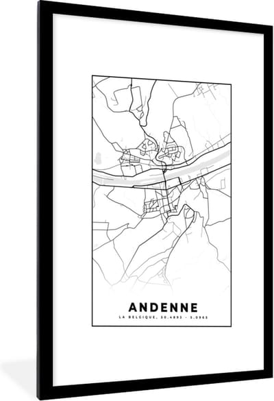 Fotolijst incl. Poster Zwart Wit- Zwart Wit – België – Plattegrond – Stadskaart – Kaart – Andenne - 60x90 cm - Posterlijst