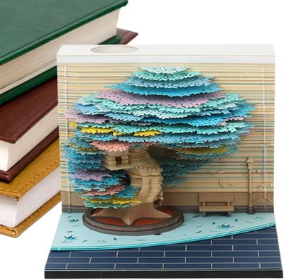 Scheurkalender 2026 - Afscheurblok Notitie - Dagelijkse Planning - 3D Boom Ontwerp - 8.5x8.5x6.3 cm - Vier Seizoenen