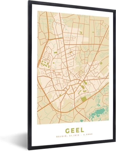 Fotolijst incl. Poster - Stadskaart - Vintage - Plattegrond - Kaart - Geel - 40x60 cm - Posterlijst