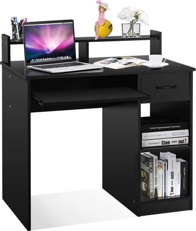 bureau, computer bureau, smalle kantoortafel, schrijfbureau met opslag lade, planken en uittrekbare toetsenbord lade, thuis kantoormeubilair studeer werkplek, 90 x 48 x 91,5cm
