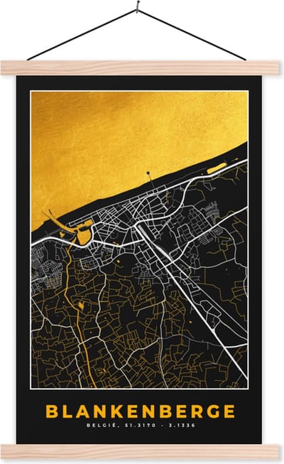 Posterhanger incl. Poster 40x60 cm - Schoolplaat - Plattegrond - Stadskaart - Blankenberge - Goud - Kaart - Textielposter - Blanke latten - Stadskaart