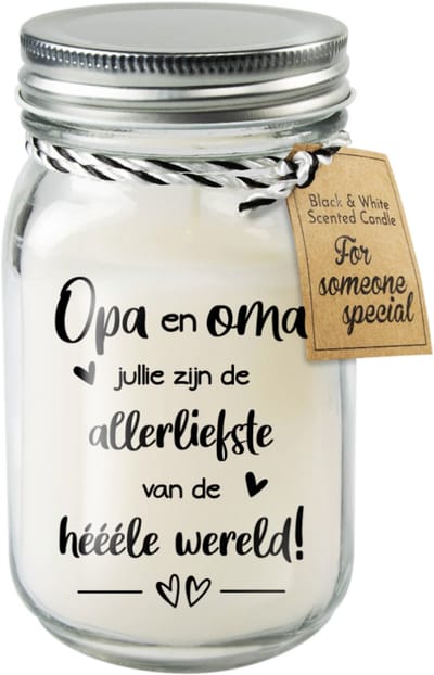 Geurkaars met vanillegeur | Kleur: Zwart & Wit | Tekst: Opa en oma | Diameter: 8cm | Hoogte: 13cm