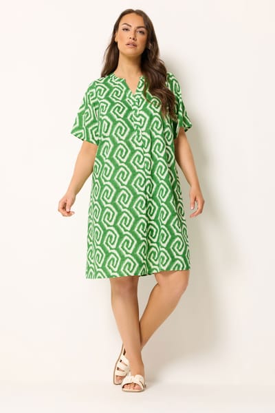Yours Groene Jurk Met Geometrische Ikatprint En Plooien Aan De Voorkant Size 42