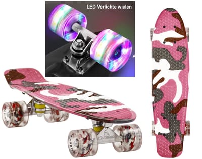 Sajan - Skateboard - LED - Penny board - Camouflage Roze - 22.5 inch - 56cm - Skateboard met Verlichting