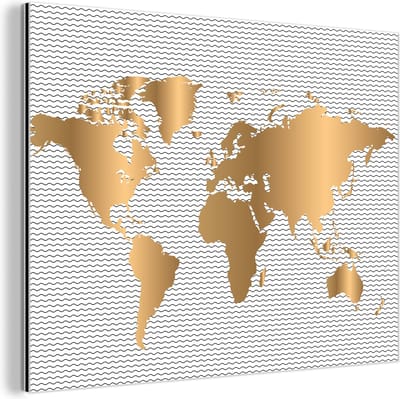 Aluminium schilderij 160x120 cm - Wanddecoratie metaal - Wereldkaart - Goud - Golven - Metalen muurdecoratie woonkamer - Decoratie industrieel - Foto op dibond - Industriële accessoires slaapkamer