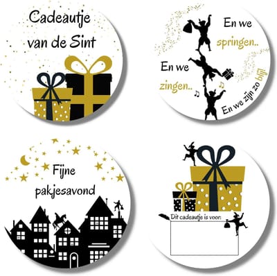 Sinterklaas Cadeaustickers Stickervel - Zwart Goud Wit - 20 stuks - Naam op cadeautjes schrijven - 4 cm