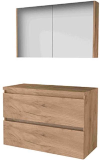 Basic-Line Comfort 46 Badkamermeubelset - 100 x 46 cm - Greeploos - 2 Lades - Wastafelblad - Spiegelkast - Whisky Oak