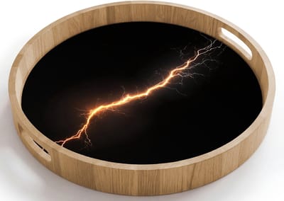Dienblad rond 40x40 cm - Schootdienblad hout - Gaming - Oranje - Bliksemflits - Licht - Borrelplank rechthoek - Plateau houten dienbladen