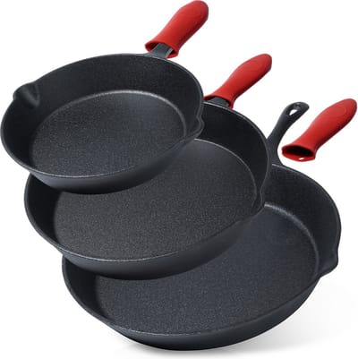 Koekenpan Set Gietijzeren met Siliconen Handvat CAST LINE 20 / 25 / 30 cm 3 stuks - Koekenpannen - Braadpannen - Koekenpannenset - Multifunctionele Pan voor Vlees - Groenten