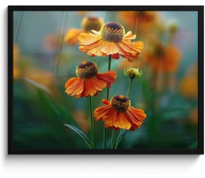 Poster in lijst - Fotolijst 70x50 cm - Posters - Oranje bloemen - Levendig - Wazige achtergrond - Posterlijst zwart - Decoratie - Wanddecoratie woonkamer - Muurdecoratie slaapkamer