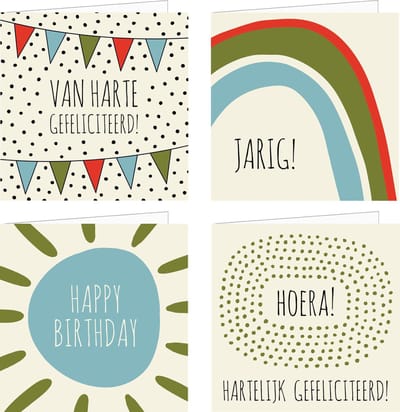 4x verjaardagskaarten | HAPPY COLORS | wenskaarten / set kaarten met enveloppen | jarig / verjaardag