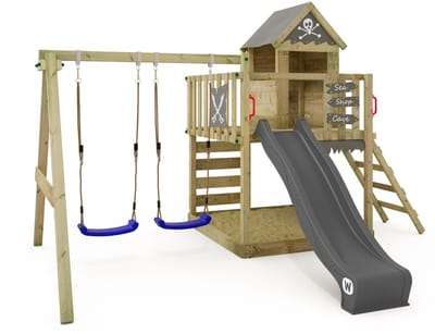 Wickey Smart Cave Speeltoestel - Dubbele schommel met Glijbaan en Speelhuisje - Klimwand & Zandbak - 339x436x265 cm - Grijs