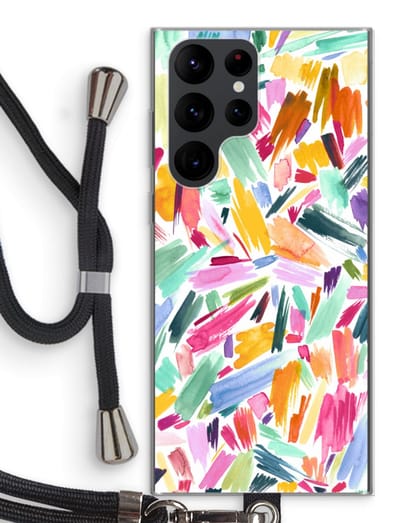 Hoesje met koord geschikt voor Samsung Galaxy S22 Ultra hoesje met Koord - Watercolor Brushstrokes - Telefoonhoesje met Zwart Koord - Bescherming aan alle Kanten en Over de Schermrand