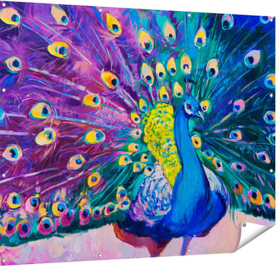 Gards Tuinposter Pauw met Kleurrijke Veren van Olieverf - Abstract - 150x120 cm - Tuindoek - Tuindecoratie - Wanddecoratie buiten - Tuinschilderij