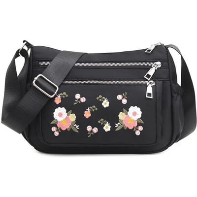 Mode geborduurde schoudertas voor dames Nylon bloemen Crossbody tas Multifunctionele messenger bag Shopping telefoon handtas 27*11*20cm zwart