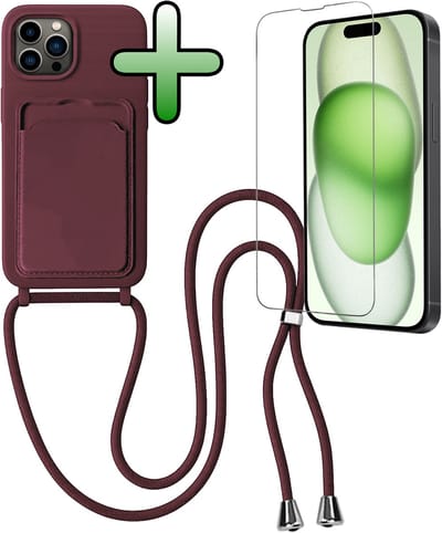 Hoes Geschikt voor iPhone 14 Pro Hoesje Pas Houder Case Hoes Met Koord Met Screenprotector - Hoesje Geschikt voor iPhone 14 Pro Hoes Met Telefoonkoord Pasjeshouder Cover - Aubergine