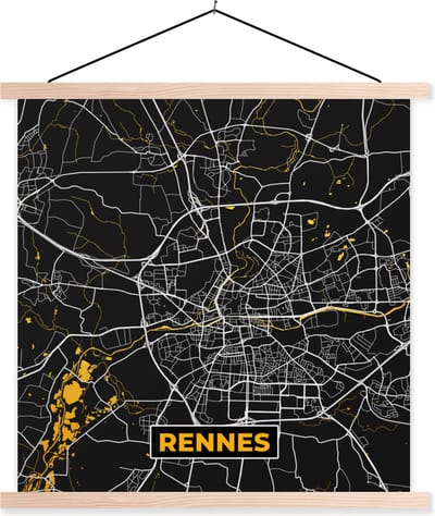 Posterhanger incl. Poster 40x40 cm - Schoolplaat - Plattegrond – Stadskaart – Rennes - Frankrijk - Kaart - Textielposter - Blanke latten - Stadskaart
