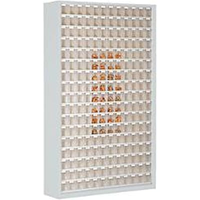 Opbergbakkast, volume 635 l, 204 uitneembare opbergboxen met verzonken greep, B 1270 x D 250 x H 2000 mm, l.grijs/transparant