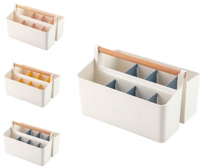 KZQ Opbergdoos met handvat - Verstelbare vakken - Geschikt voor kantoorartikelen, knutselspullen, kleurpotloden en cosmetica - Grote capaciteit, stevig en duurzaam, veelzijdig - Misty Blue - 16 x 17,3 x 15,5 cm