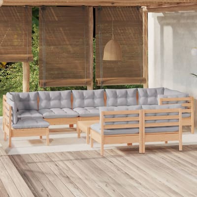 vidaXL - 10-delige - Loungeset - met - grijze - kussens - massief - grenenhout