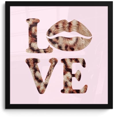 Poster in lijst - Fotolijst 40x40 cm - Posters - Tekst - Love - Pantervacht - Lichtroze - Posterlijst zwart - Decoratie - Wanddecoratie woonkamer - Muurdecoratie slaapkamer